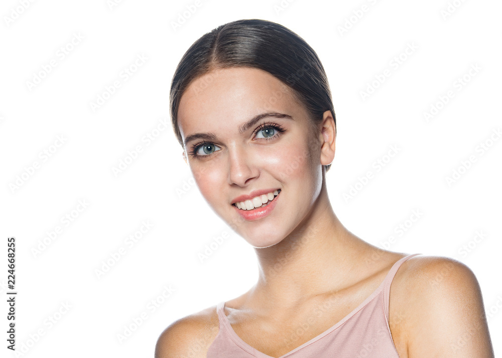 portrait of attractive young caucasian smiling woman isolated on white studio shot face head and shoulders looking at camera happy smiling cheelful portrait of attractive young caucasian smiling woman isolated on white studio shot face head and shoulders looking at camera happy smiling cheelful