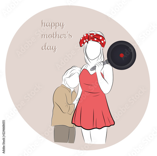 mom with a frying pan hugs the baby. happy mother's day. vector illustration.