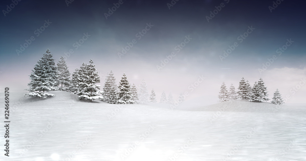 winter seasonal landscape with woods background, snowy calm nature 3D illustration render