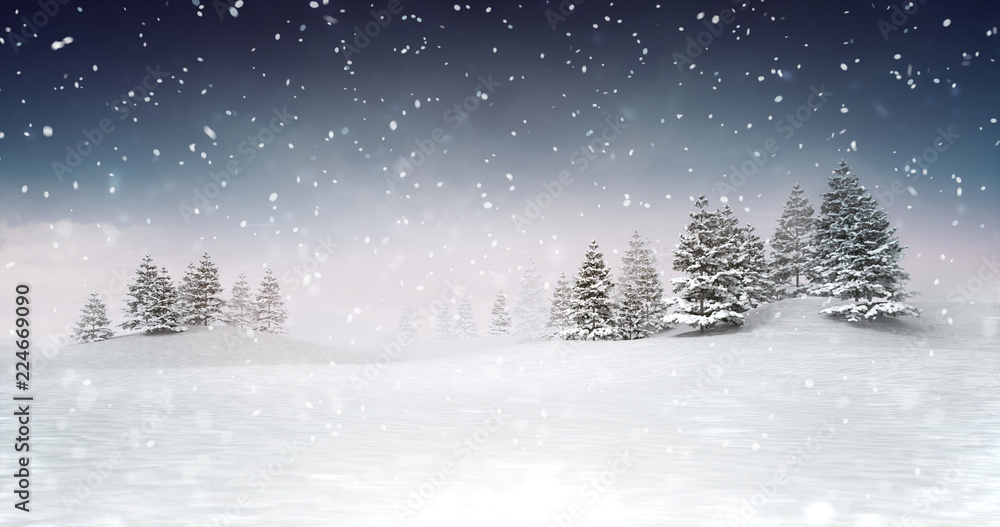 winter seasonal landscape scenery at snowfall at evening, snowy calm nature 3D illustration render