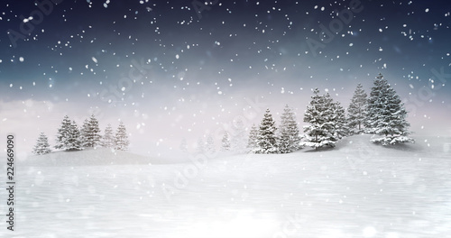 winter seasonal landscape scenery at snowfall at evening, snowy calm nature 3D illustration render © LeArchitecto