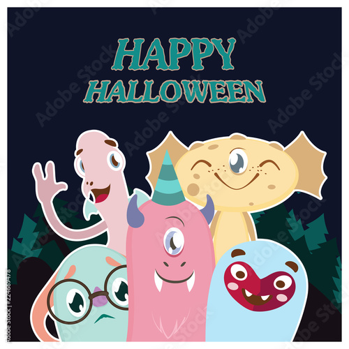 Halloween greeting card with colorful monsters