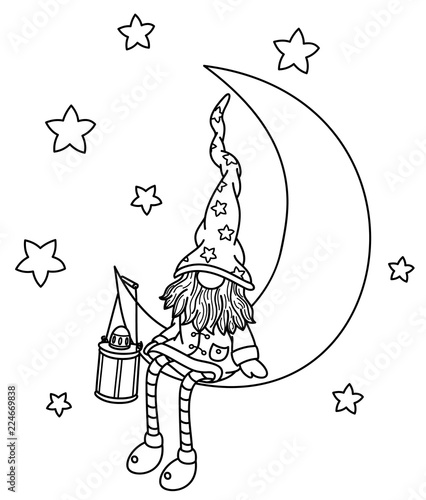 Vector   gnome cartoon sitting on the moon, black silhouettes isolated on white.