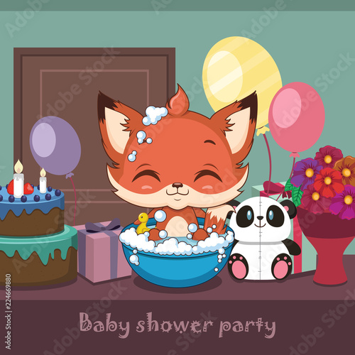 Fototapeta Naklejka Na Ścianę i Meble -  Baby shower party card with a cute fox