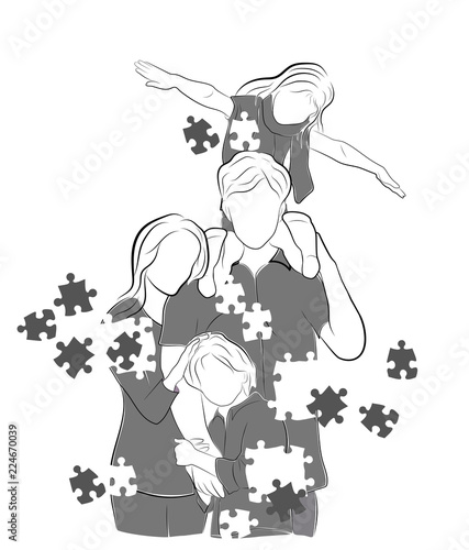 the family is scattered with puzzles. vector illustration.