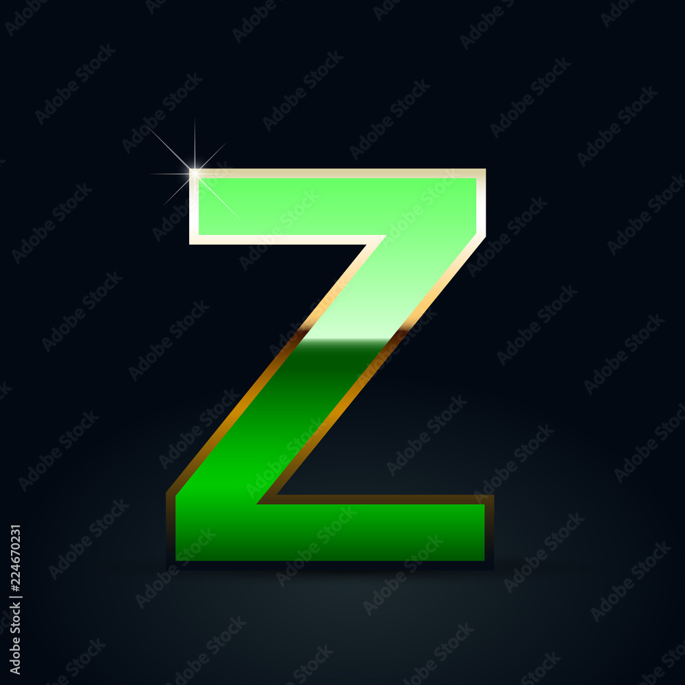 Green glossy casino letter Z uppercase with golden outline isolated on black background Green glossy casino letter Z uppercase with golden outline isolated on black background