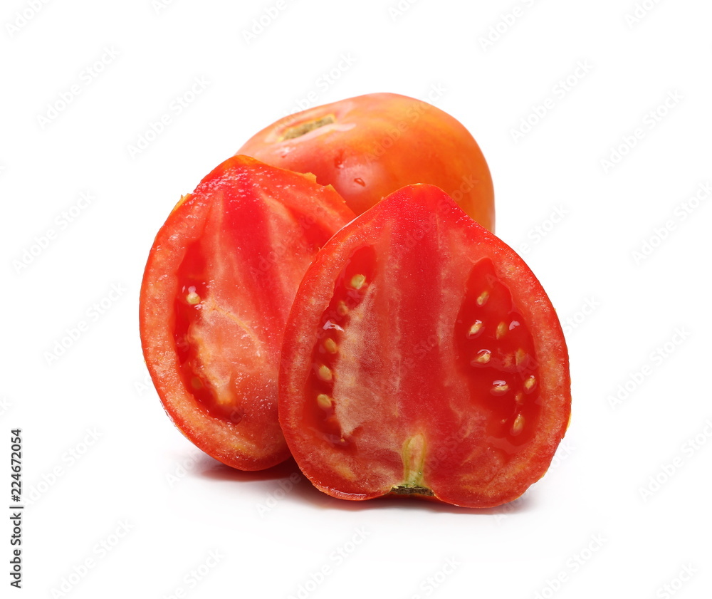 Fresh red tomato with slices isolated on white background Fresh red tomato with slices isolated on white background