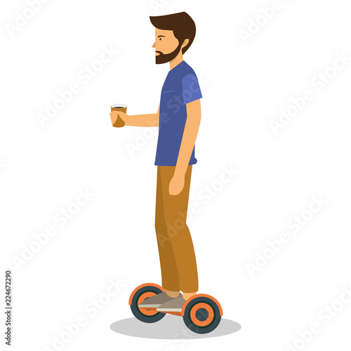 A man riding a hover board balanced scooter with a cup of coffee