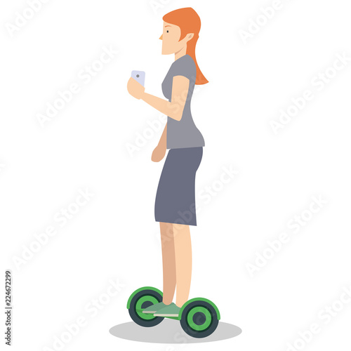 A woman riding a hover board balanced scooter with a cup of coffee