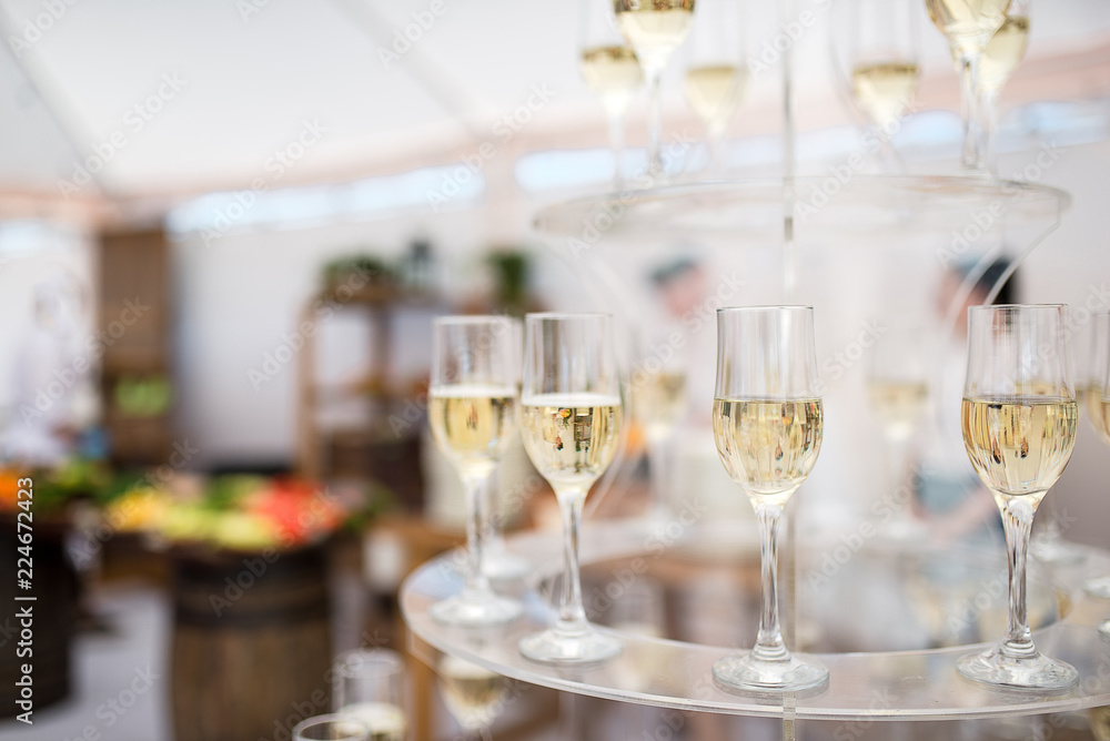Set of wine and juice glasses on the banquet Set of wine and juice glasses on the banquet