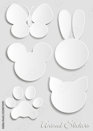 Set of white stickers in the shape of animals. Vector illustration.