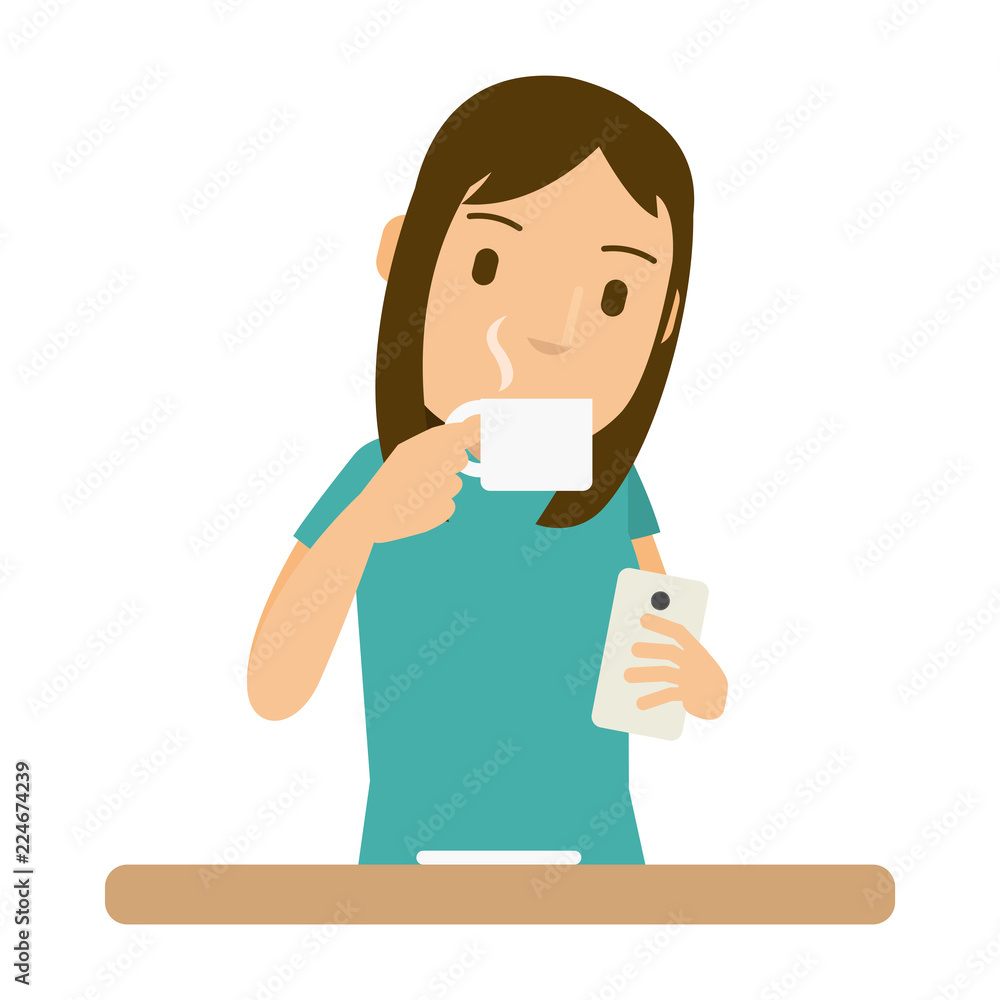 Vector illustration of women drink coffee and she look at the smartphone in the morning Vector illustration of women drink coffee and she look at the smartphone in the morning