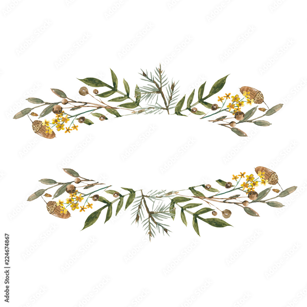 Obraz premium frame autumn flowers/Watercolor frame of leaves and branches isolated on white background. Autumn illustration for greeting cards, wedding invitations, quote and decorations.