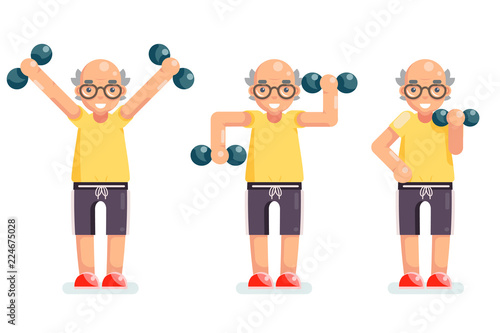 Gymnastics old man grandfather dumbbells exercises happy senior cartoon character design vector illustration