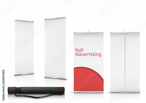 Vector realistic set of blank roll up banners, vertical stands with paper canvases for advertising isolated on background. Mockup with empty white billboards and black case for roll-up displays