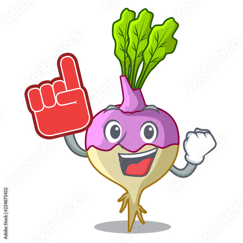 Foam finger raw rutabaga root isolated on mascot photo