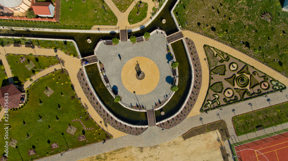 Aerial view of the public park in Europe. Top view.