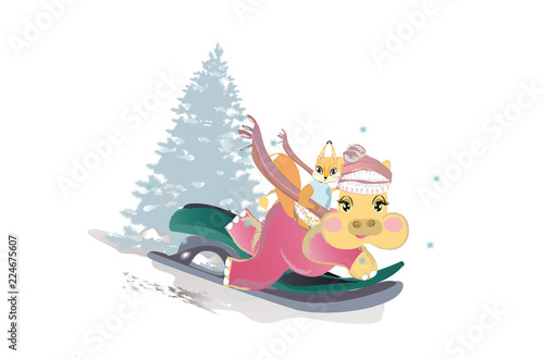 Series of vector illustrations with cute funny animals in cartoon style. Hippo with squirrel sledging in winter. Christmas card.
