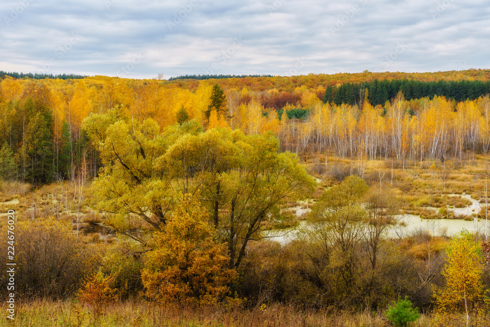 Picturesque autumn landscape. View from the hill to the lowland Picturesque autumn landscape. View from the hill to the lowland