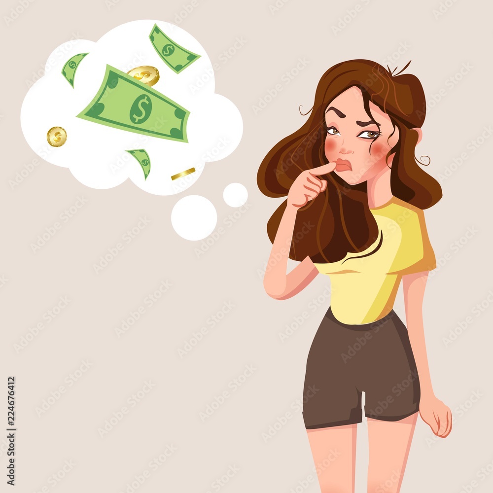 Cartoon young standing woman thinking with money mark in think bubble.  Businesswoman thinks about problem vector illustration. Woman and money  bubble thinking, expression and think problem Stock Vector | Adobe Stock