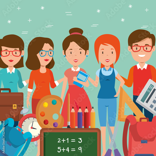 group of teachers with school supplies