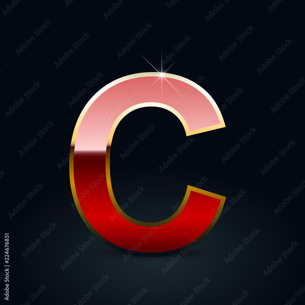 Red glossy casino letter C uppercase with golden outline isolated on black background Red glossy casino letter C uppercase with golden outline isolated on black background