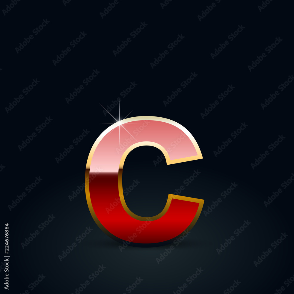 Red glossy casino letter C lowercase with golden outline isolated on black background Red glossy casino letter C lowercase with golden outline isolated on black background