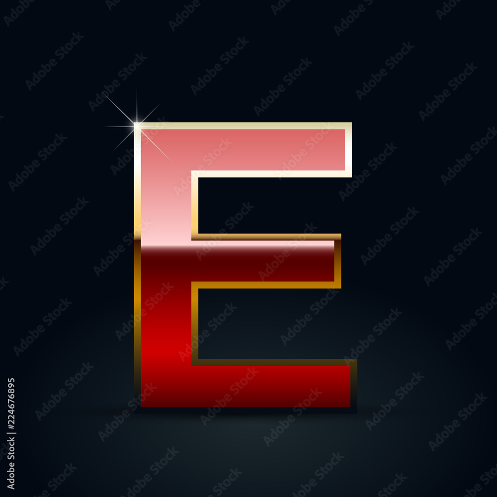 Red glossy casino letter E uppercase with golden outline isolated on black background Red glossy casino letter E uppercase with golden outline isolated on black background
