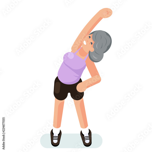 Old woman grandmother gymnastics stretching exercises happy senior cartoon character design vector illustration