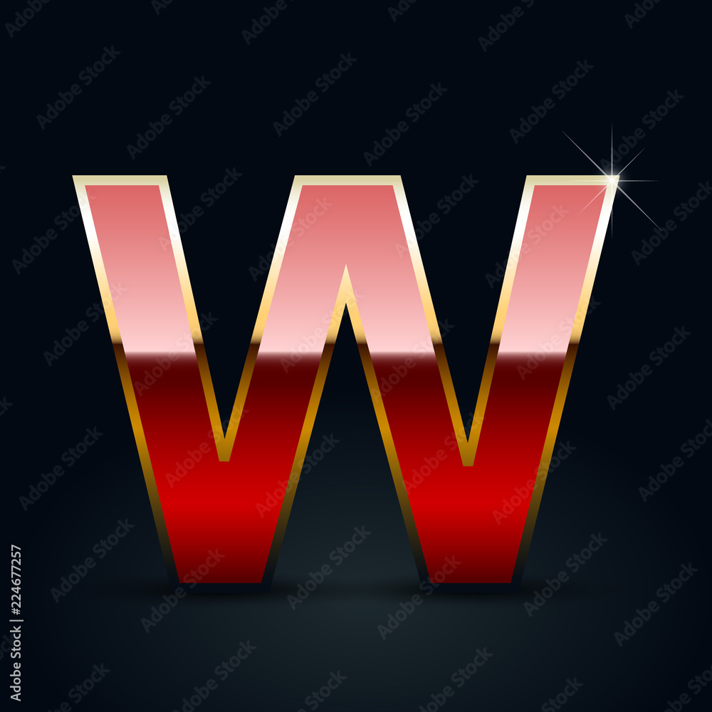 Red glossy casino letter W uppercase with golden outline isolated on black background Red glossy casino letter W uppercase with golden outline isolated on black background