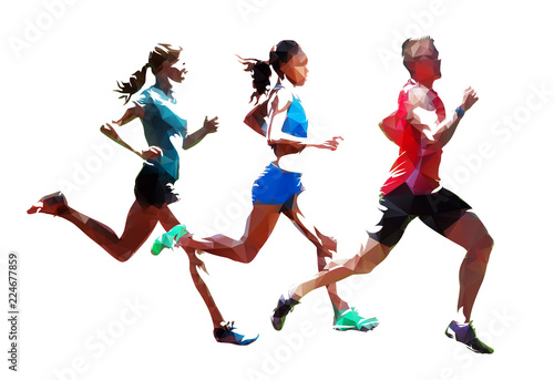 Run, group of running people, low polygonal running athletes. Isolated vector illustrations