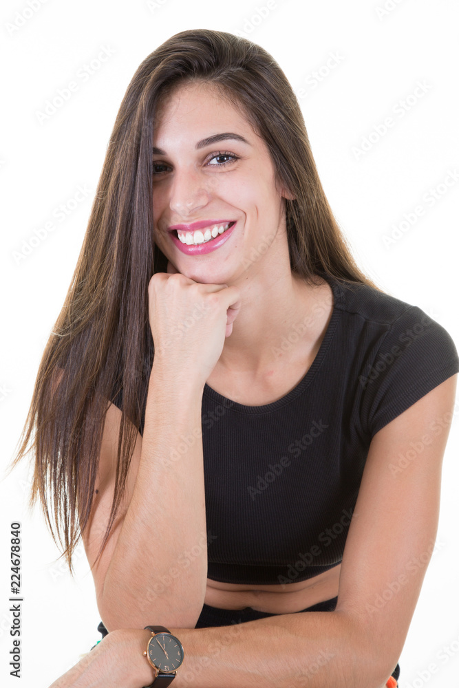 Pretty girl on white background with long hairs smile and happy Pretty girl on white background with long hairs smile and happy