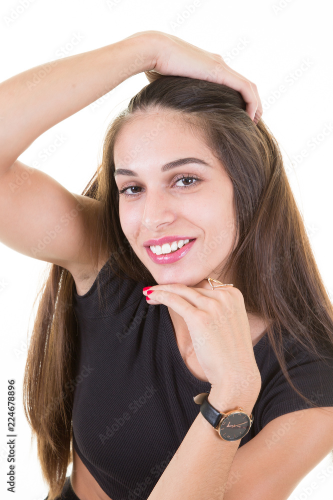 beautiful young woman with long black hair posing on white background beautiful young woman with long black hair posing on white background