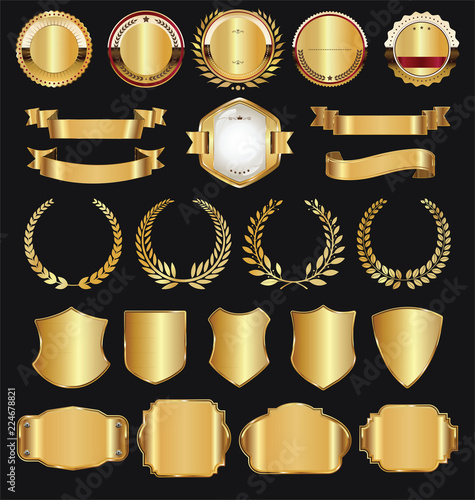 Retro golden ribbons labels and shields vector collection 