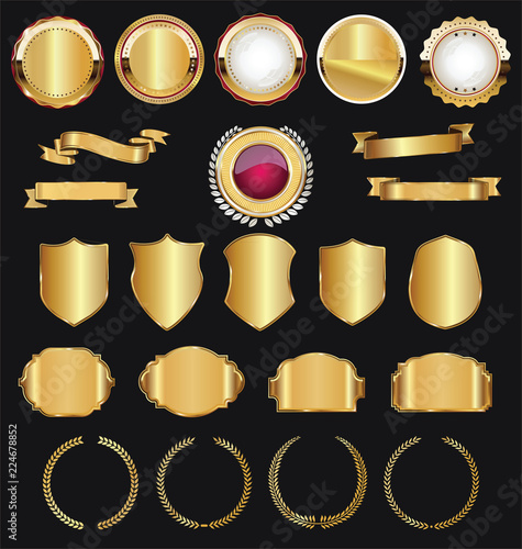 Retro golden ribbons labels and shields vector collection 