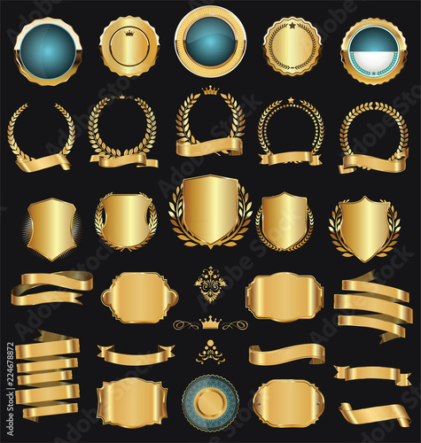 Retro golden ribbons labels and shields vector collection 