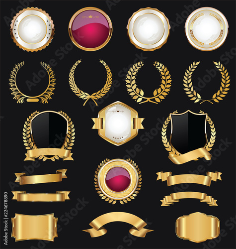 Retro golden ribbons labels and shields vector collection 