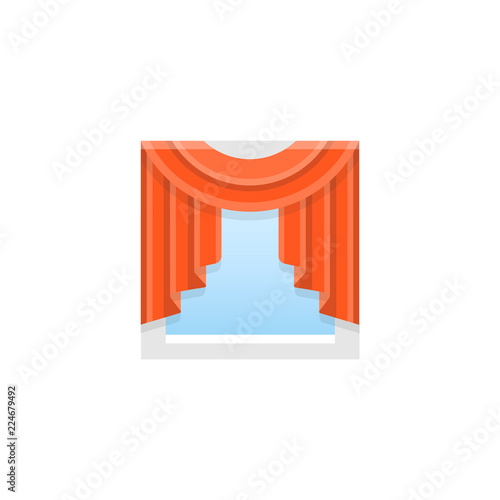 Red fabric curtain with central swag drapery. Vector illustration. Flat icon of shade.