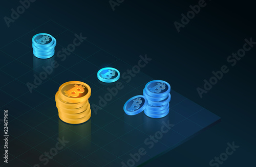 Bitcoins on glossy dark surface. Cryptography currency virtual technology symbol of vector cripto coins. Futuristic template design. Luminous cyber hologram. Sci fi digital futuristic theme.