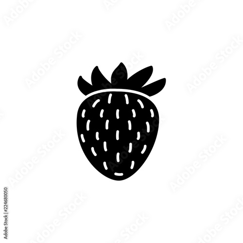 Black & white vector illustration of strawberry. Flat icon of fresh berry with leaves. Vegan & vegetarian food. Health eating fruit ingredient. Isolated object