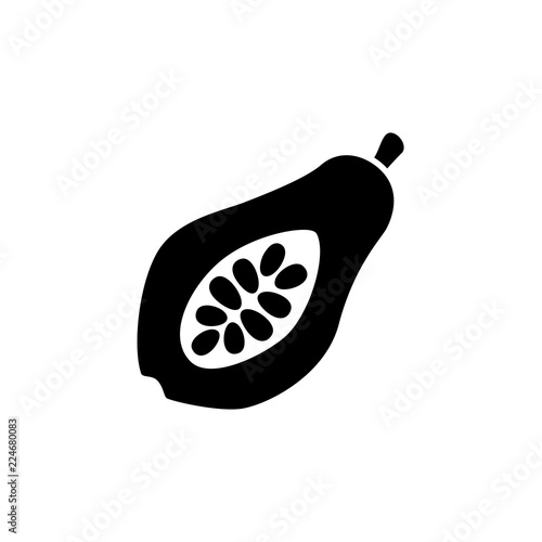Black & white vector illustration of cut papaya with seeds. Flat icon of fresh tropic fruit. Vegan & vegetarian food. Health eating ingredient. Isolated object