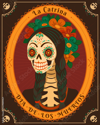 Dia de los Muertos card. Vector illustration of Mexican cartoon Catrina portrait with flower wreath and braided hair. Isolated on dark background