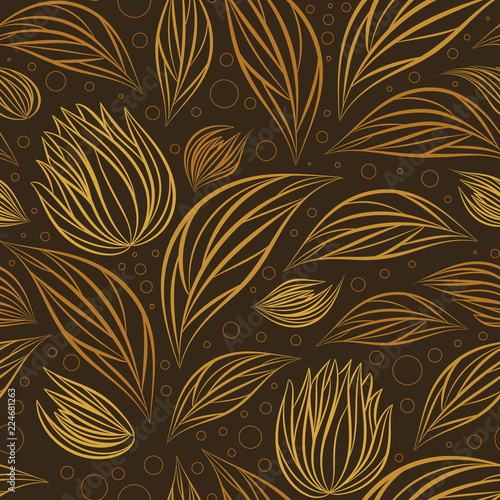 Seamless vector floral pattern with abstract outline flowers in gold-yellow colors on dark background