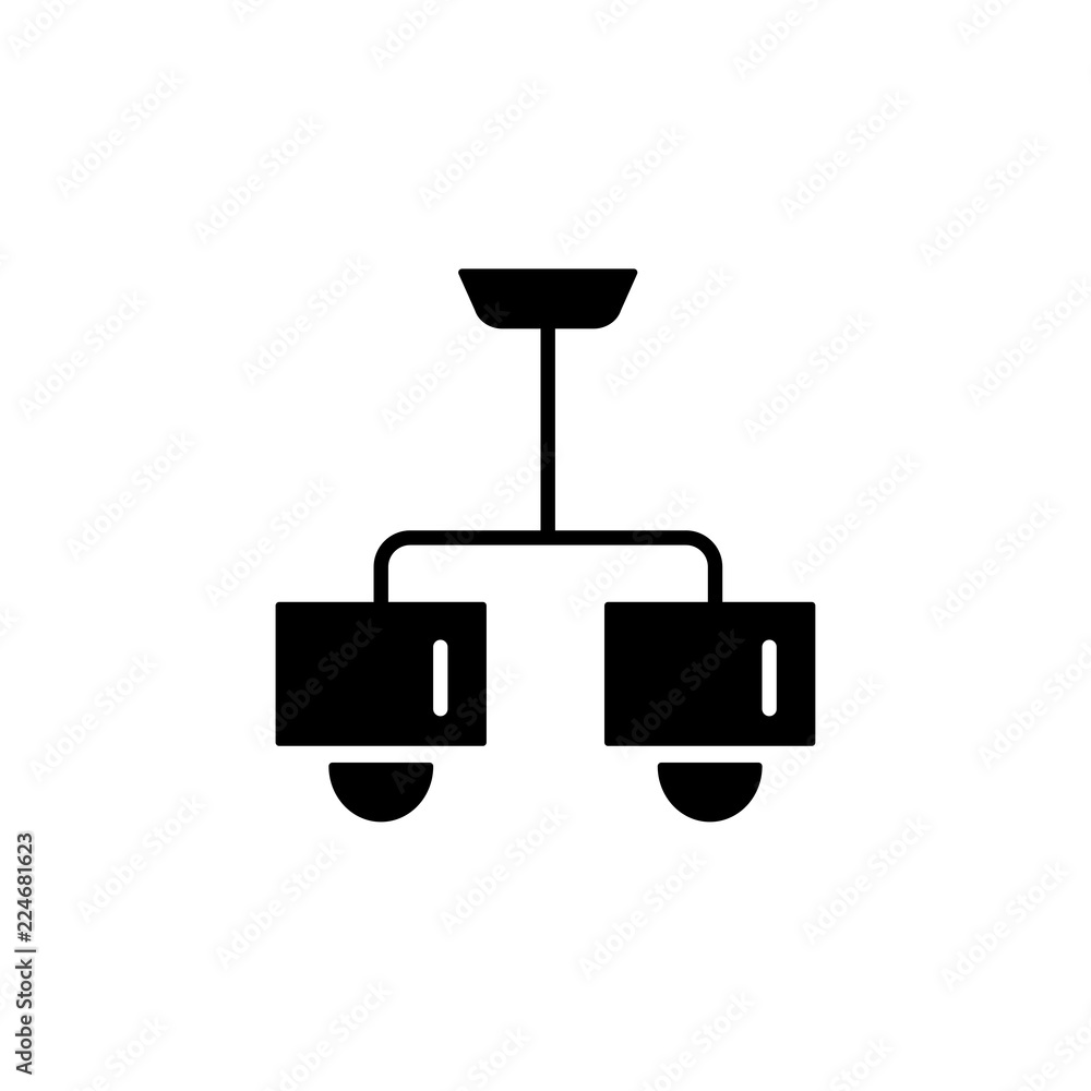Vector illustration of modern ceiling lamp. Flat icon of 2 lights chandelier with square shades. Home & office lighting. Isolated on white background. Vector illustration of modern ceiling lamp. Flat icon of 2 lights chandelier with square shades. Home & office lighting. Isolated on white background.