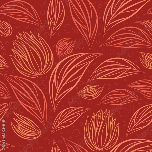 Seamless vector floral pattern with abstract outline flowers in monochrome red colors