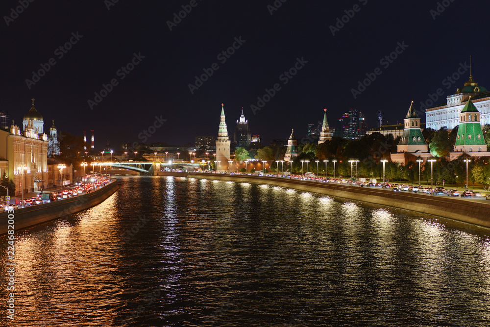 City image at the autumn night: Moskva river, Kremlin and Cathedral of Christ the Saviour