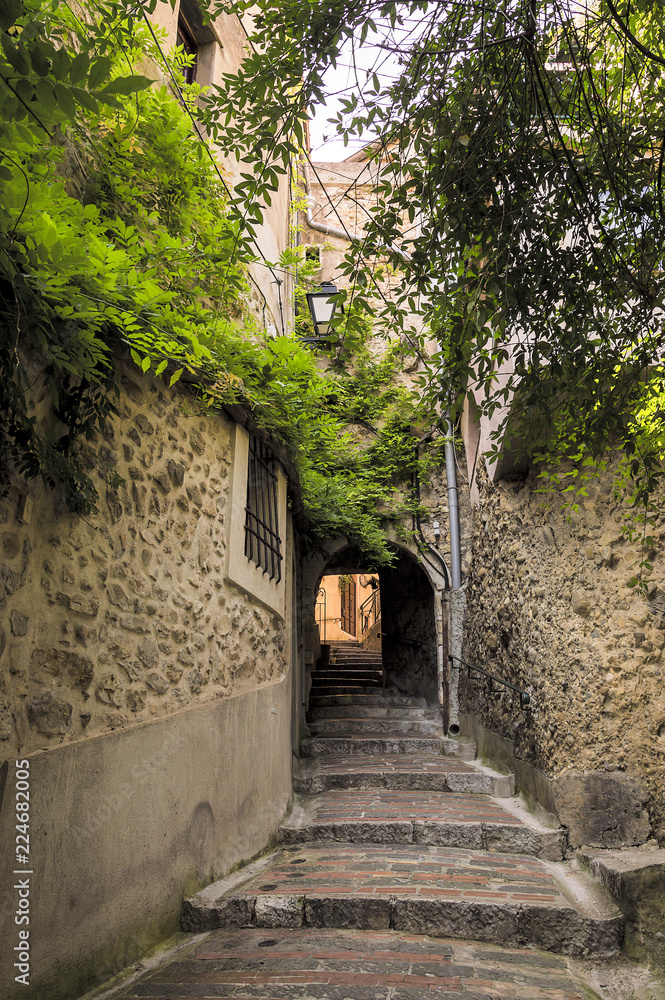 Little alley in the medieval Provencal village of Roquebrune Cap Martin in French Riviera