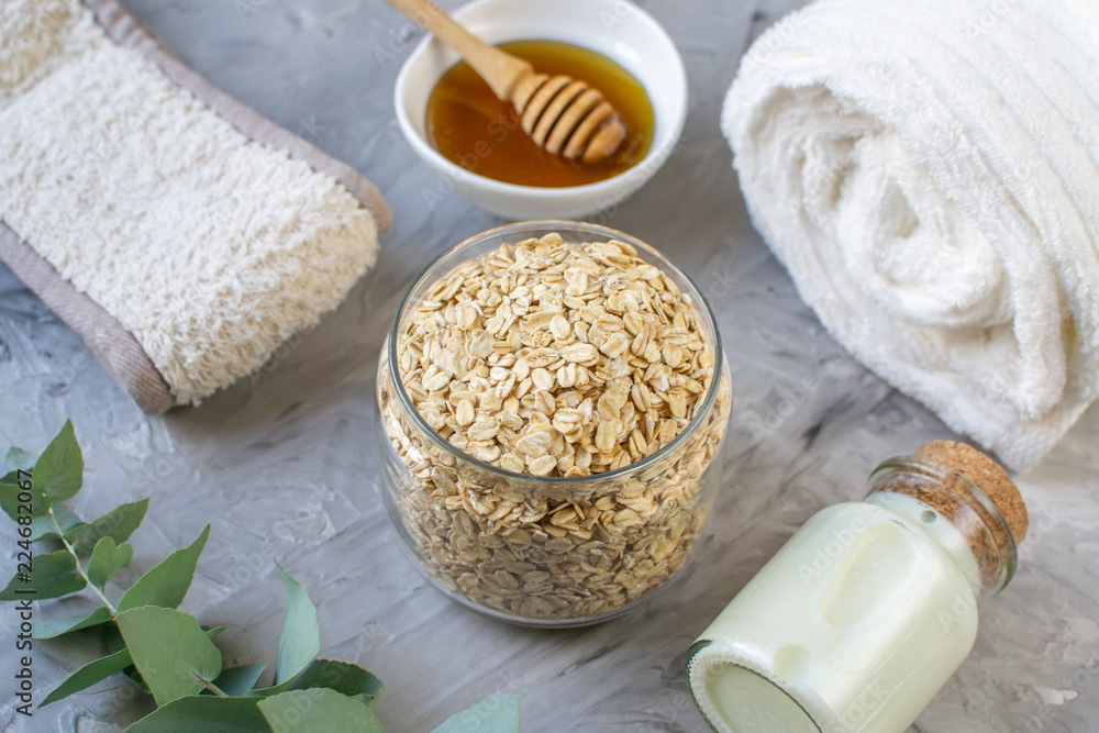 Natural Ingredients Homemade Body Oatmeal Sea Salt Scrub with Olive Oil Honey Milk White Towel Beauty Concept Skincare Organic Aroma Spa Therapy Natural Ingredients Homemade Body Oatmeal Sea Salt Scrub with Olive Oil Honey Milk White Towel Beauty Concept Skincare Organic Aroma Spa Therapy