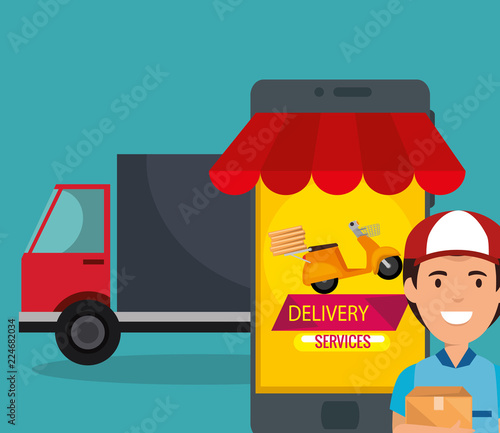 delivery service worker with smartphone