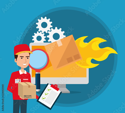 delivery service worker with computer